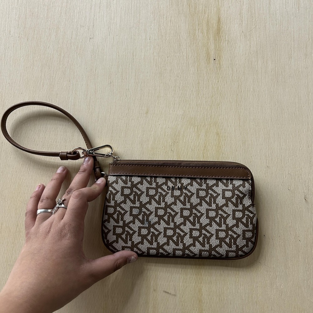 DKNY Clutch Bag Womens Small Brown Logo Canvas Leather Zip Wristlet Pouch